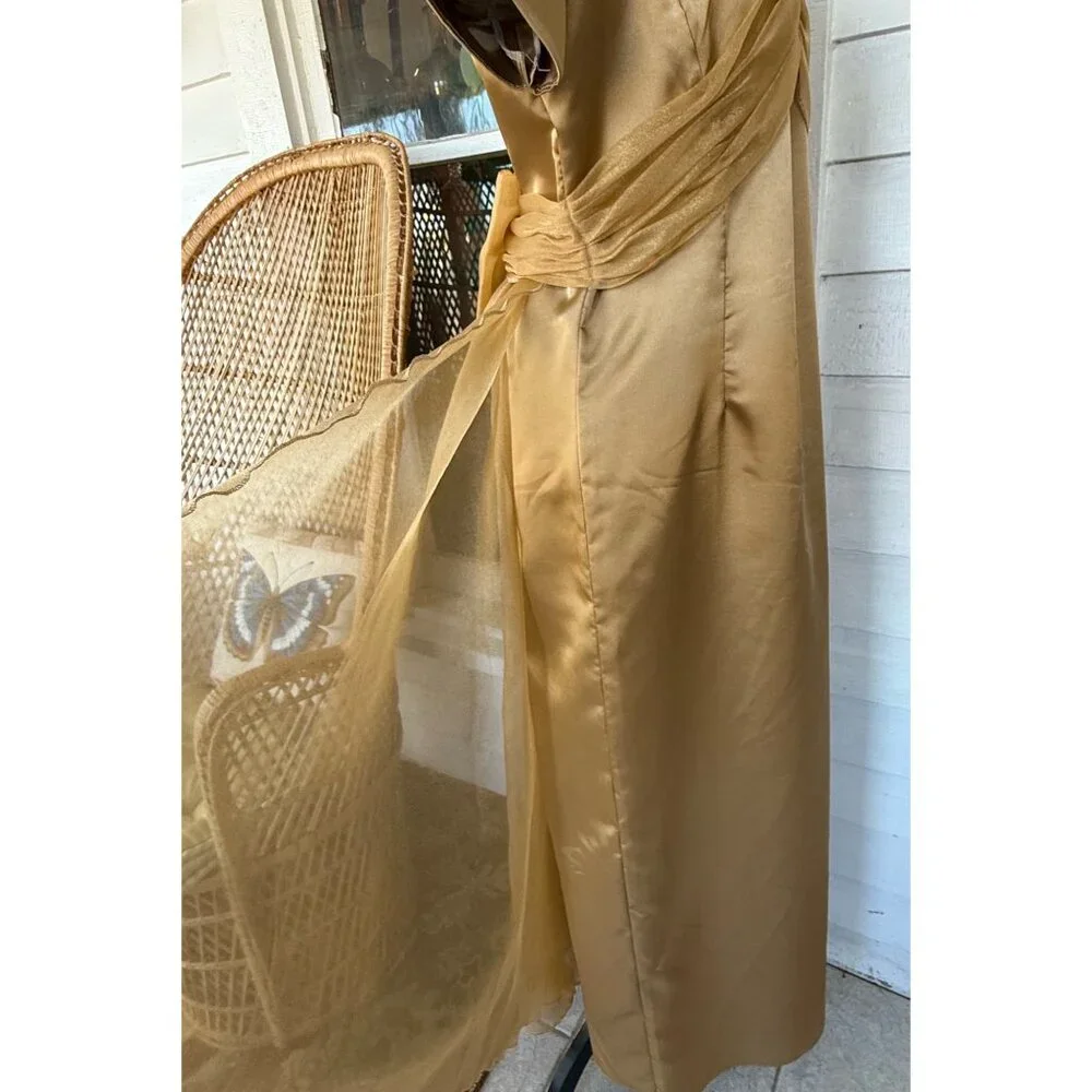 Vintage 60's Gold Satin Organza Formal Dress Rhinestones Bow Back M/L - Picture 9 of 16